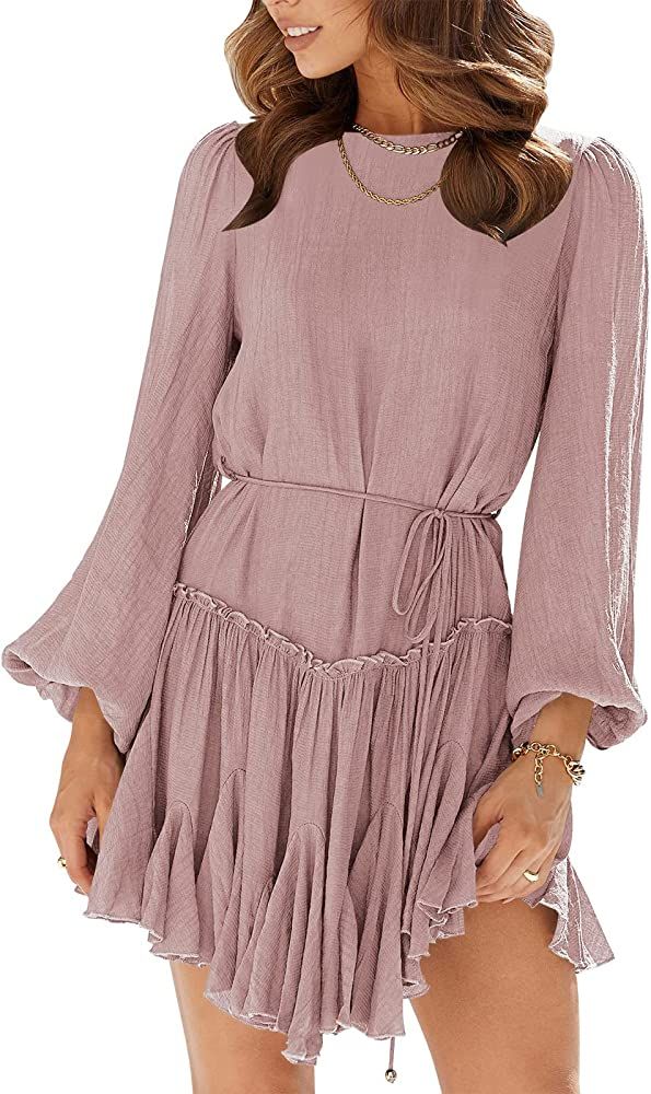 ANRABESS Women's 2023 Spring Summer Crewneck Puff Sleeve Babydoll Dress Ruffle Tiered A-Line Flow... | Amazon (US)