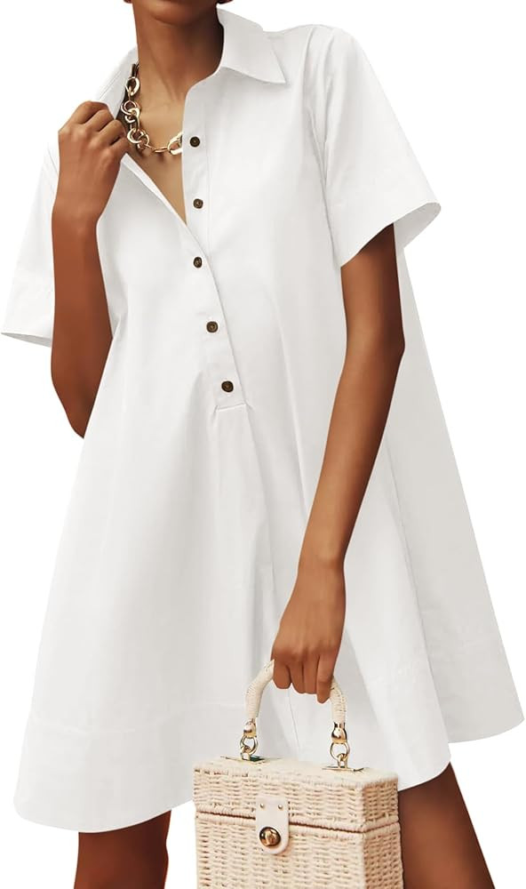 Wenrine Womens Button Down Shirt Dress Oversized Casual Short Sleeve Collared V Neck Summer Mini ... | Amazon (US)