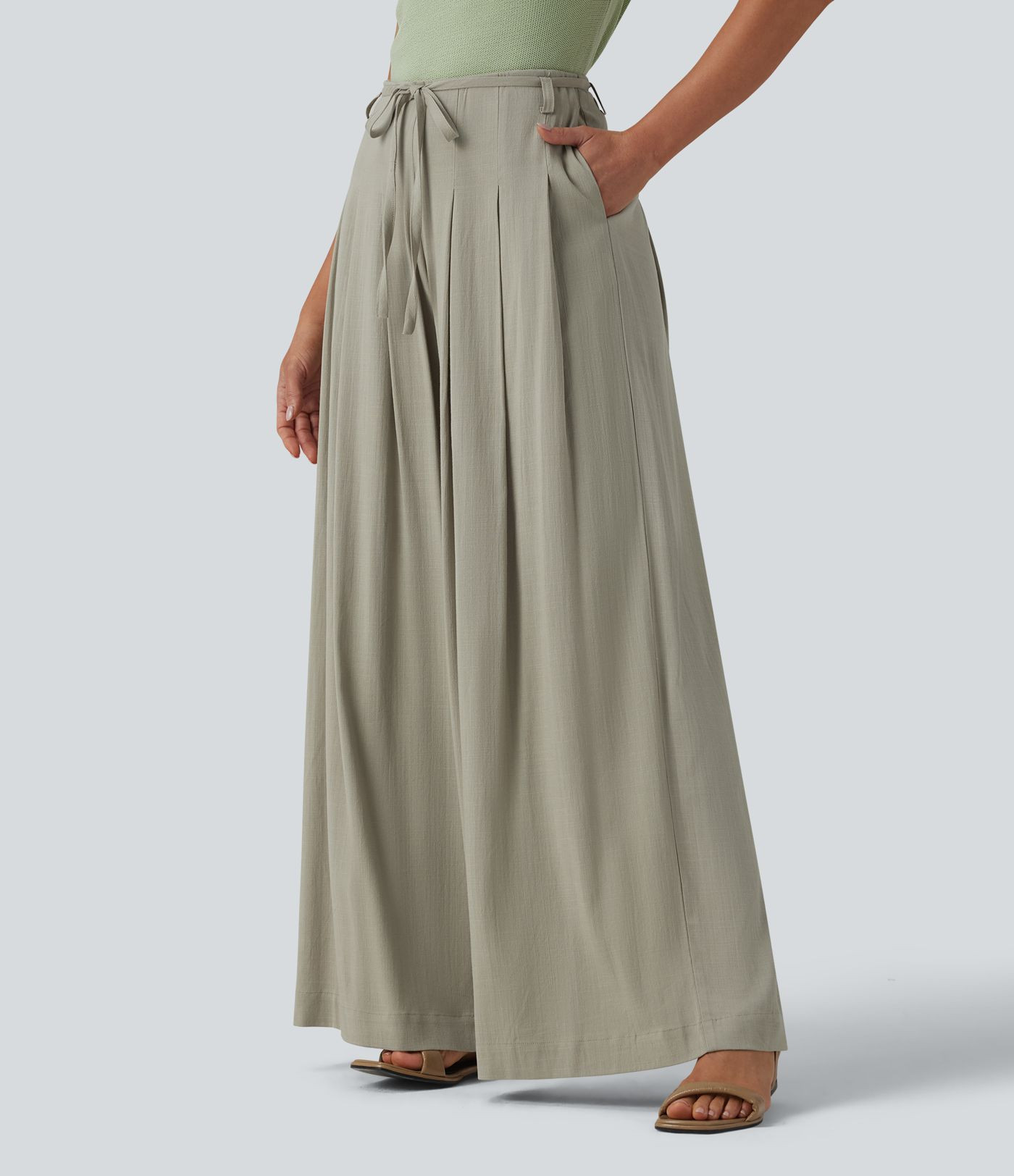 Mid Rise Belted Wide Leg Casual Linen-Feel Pants with Pockets | HALARA