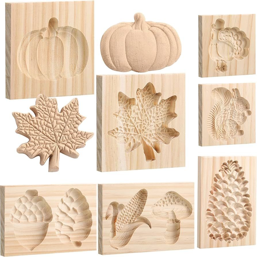 9 Styles Thanksgiving Wooden Cookie Molds Carved Cookie Stamps Shortbread Mold for Baking Wood Pr... | Amazon (US)