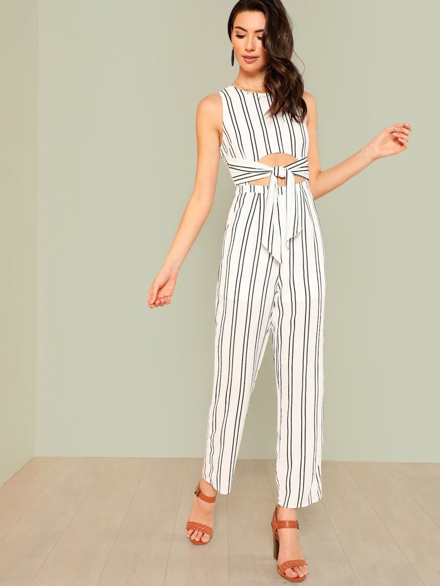 Striped Cut Out Jumpsuit with Tie Front IVORY | SHEIN