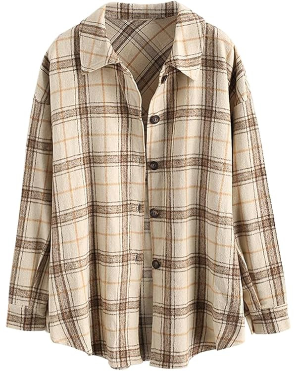 ZAFUL Women's Plaid Long Sleeve Shirt Button Down Thin Jacket Casual Flannel Plaid Shacket with P... | Amazon (US)