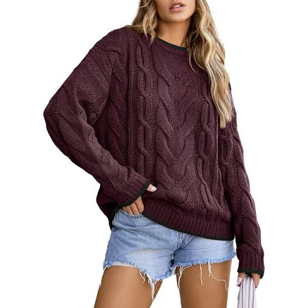 Eytino Fall Sweaters for Women Trendy Crewneck Long Sleeve Color Block Sweater Tops Winter 2025 Chunky Cable Knit Pullover Sweaters Size XL | Walmart (US)