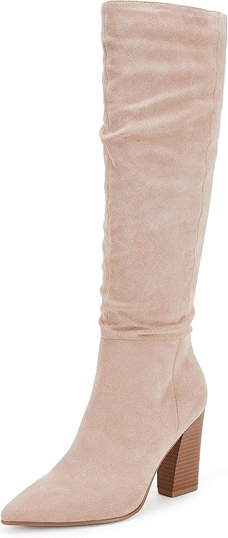 PiePieBuy Womens Faux Suede Wide Calf Knee High Boots High Chunky Heel Side Zipper Booties | Amazon (US)