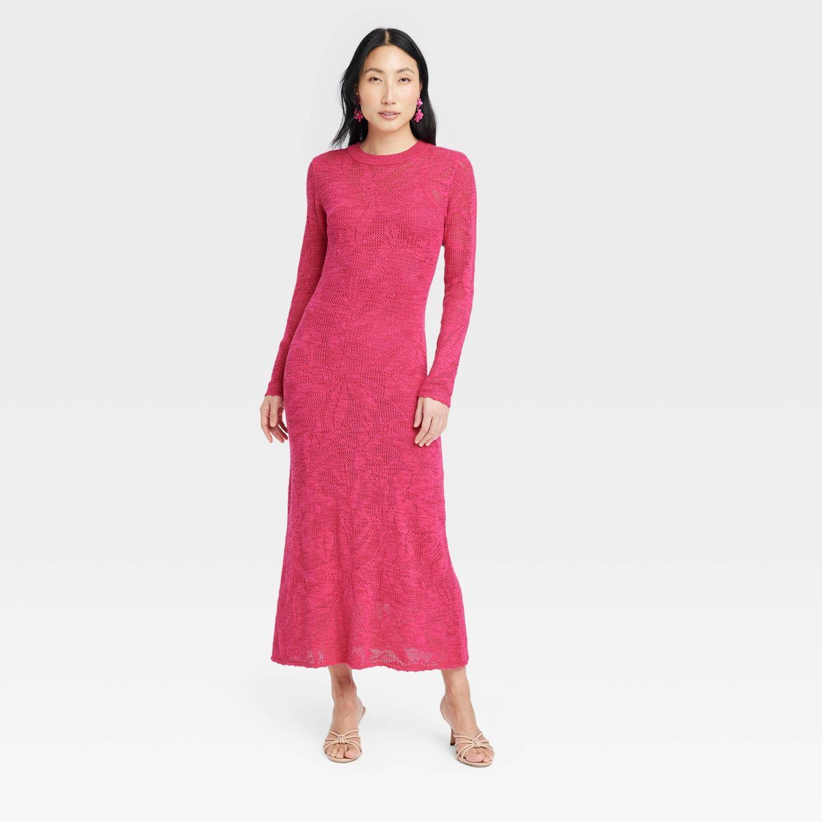 Women's Long Sleeve Maxi Pointelle Dress - A New Day™ Pink L | Target