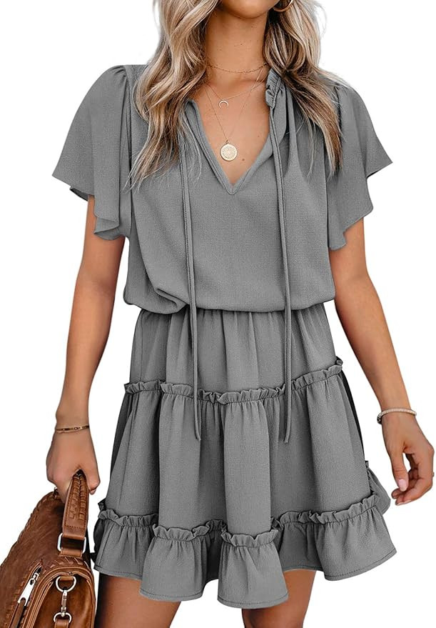 Dokotoo Womens 2022 Short Sleeve Split V Neck Ruffle Chiffon Elegant Mini Short Skirt Dresses | Amazon (US)