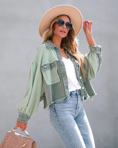 Monica Cotton Waffle Knit Frayed Shacket - Mint Olive Combo | VICI
