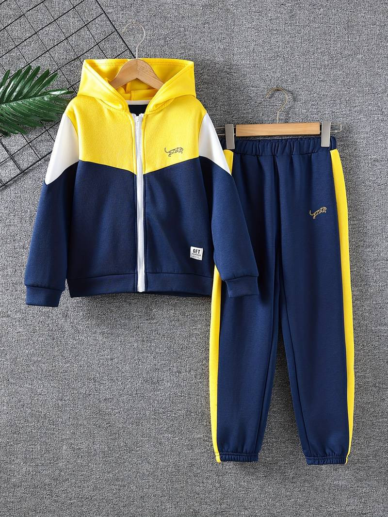 2pcs Boy's Geometric Leopard Print Zipper Hoodie Outfit, Hooded Jacket & Track Pants Set, Color C... | Temu Affiliate Program