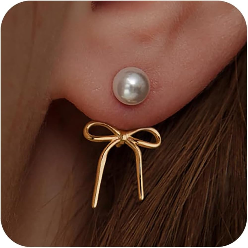 Risamil 14K Gold Plated/Silver Earrings for Women Trendy, Dainty Bow Earrings for Women Cute Pear... | Amazon (US)