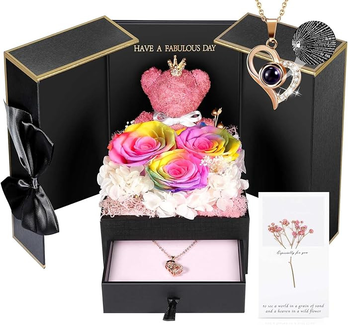 ADDWel Rose Gifts for Women - Preserved Real Roses Forever Rainbow Flowers with I Love You in 100... | Amazon (US)