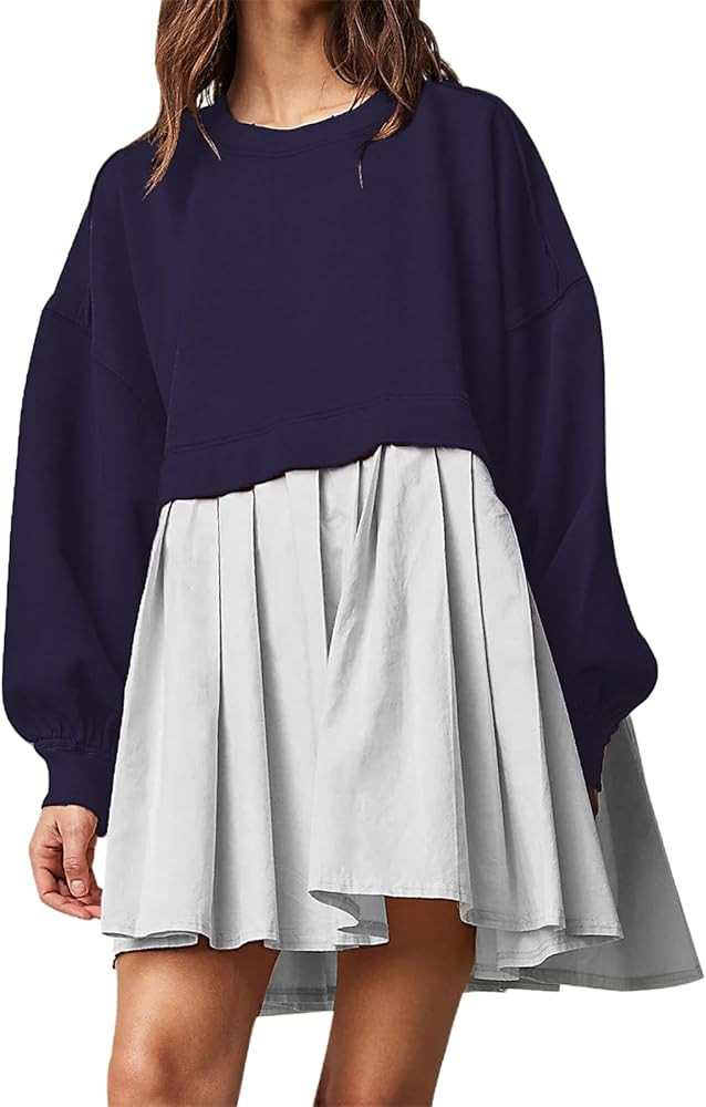 Chatinction Oversized Sweatshirt Dress Women Long Sleeve Crew Neck Patchwork Pullover Tops Sweats... | Amazon (US)