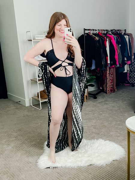 Love this one piece cut out swimsuit from amazon wearing size large. Black swimsuit and kimono from amazon. Beach outfit. One piece swimsuit. Swimsuit coverup. 

#LTKtravel #LTKunder50 #LTKswim