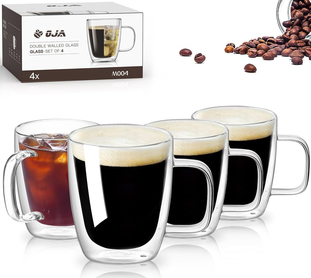 OJA Clear Double Wall Glass Coffee Mugs Set of 4-12.5oz Clear Coffee Cup with Handle for Cappucci... | Amazon (US)