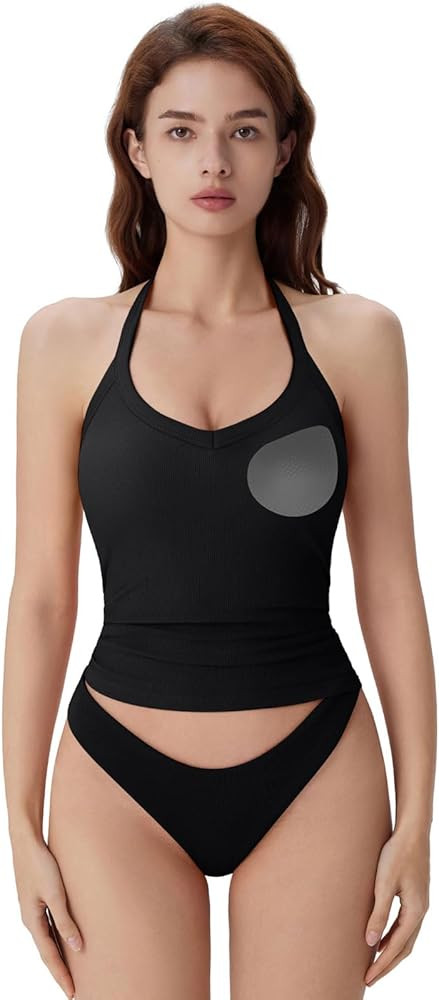 SUUKSESS Halter Tank Top for Women with Built in Bra Cotton Ribbed V Neck Cami | Amazon (US)