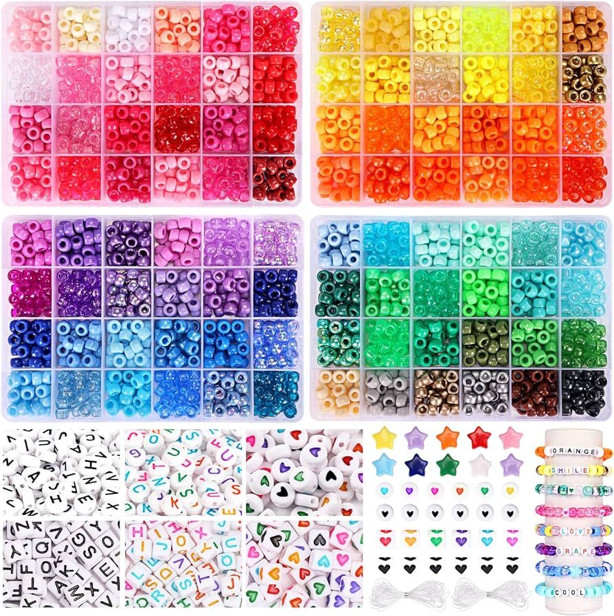 QUEFE 3250pcs Pony Beads Set, Friendship Bracelet Kit Kandi Beads 2400pcs Rainbow Beads in 96 Col... | Amazon (US)