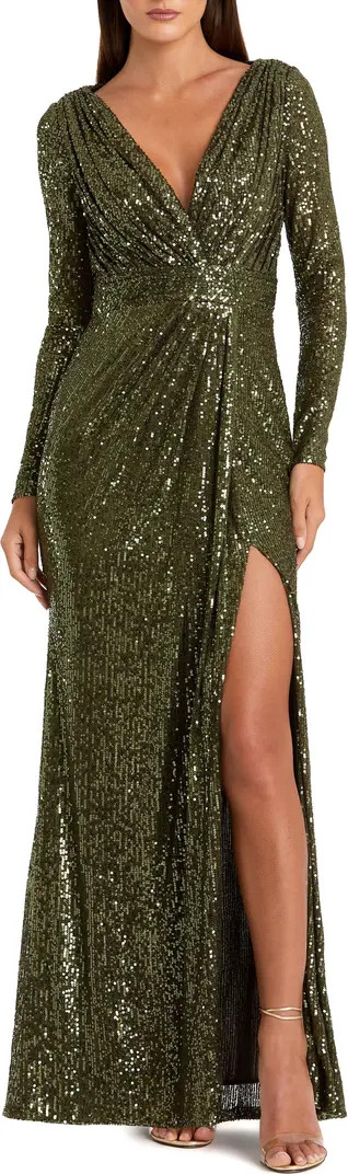 Mac Duggal Sequined Long Sleeve High Slit  Gown | Nordstrom | Nordstrom