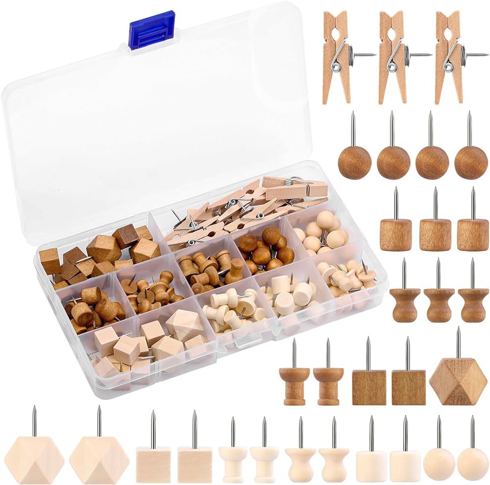 114 Pcs Decorative Wooden Head Pins in 2 Colors and 7 Types - Thumb Tacks for Bulletin Boards and... | Amazon (US)