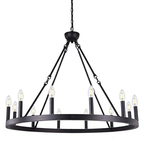 12-Light Black Wagon Wheel Chandelier Diam 38 Inch, Farmhouse Industrial Country Style Large Roun... | Wayfair North America