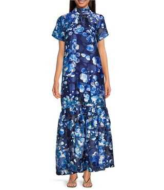 Sugarlips Abay Floral Dime Organza Mock Neck Bow Back Short Sleeve Maxi Dress | Dillard's | Dillard's