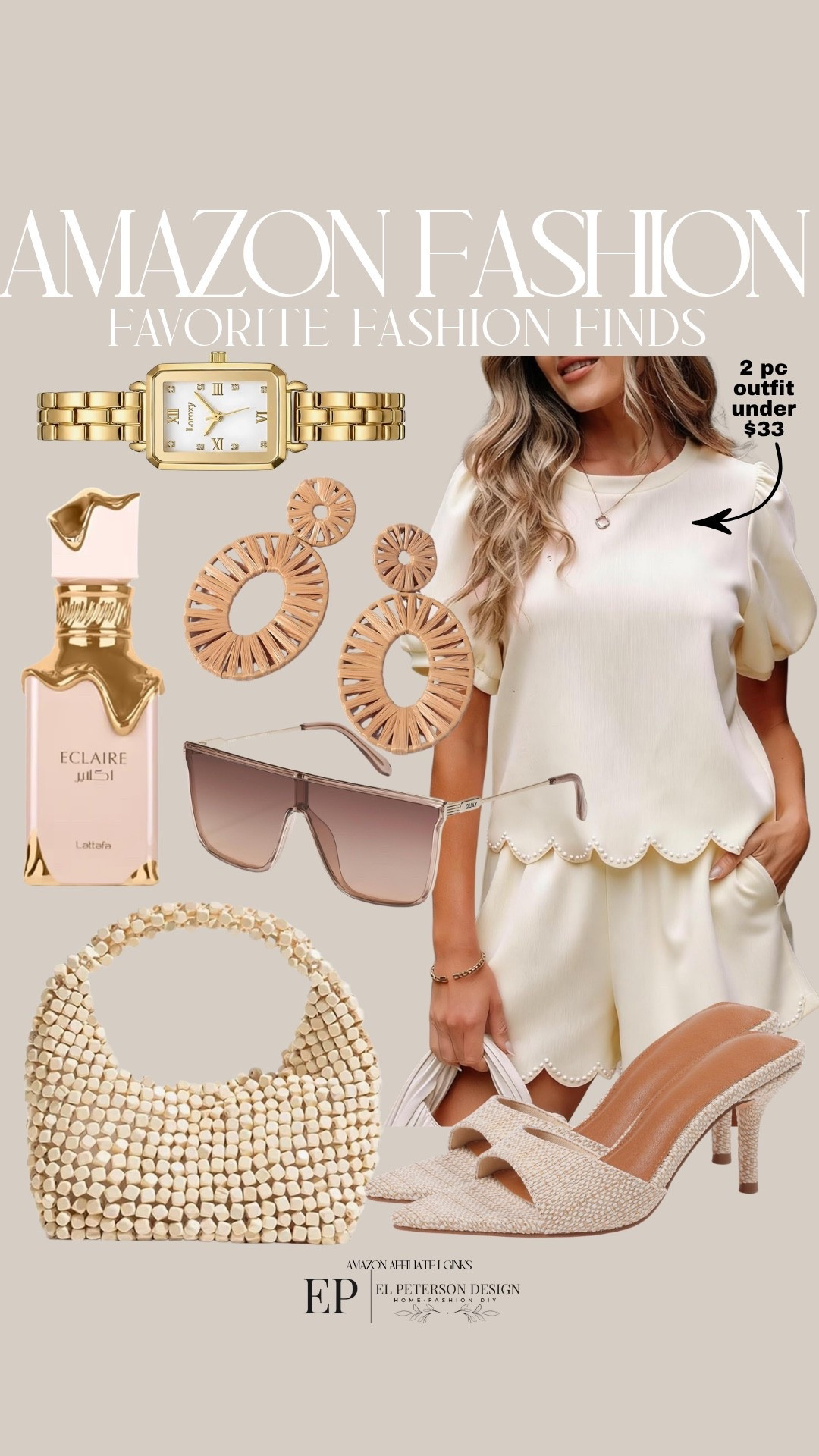 Amazon
2 pc outfit
Earrings
Watch
Perfume
Purse
Heels
Sunglasses
