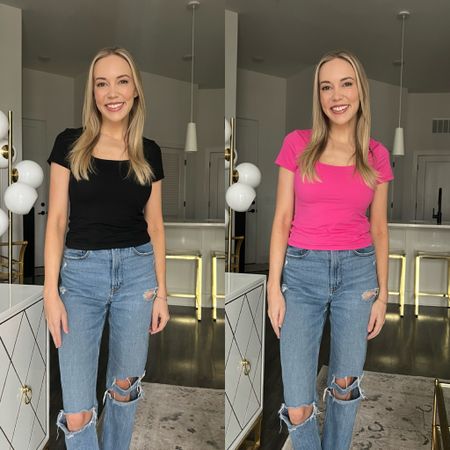 Amazon scoop neck stretchy short sleeve tee. These tops are the perfect basics that you need in your closet! I’m wearing a size small 

#LTKfindsunder50 #LTKfindsunder100 #LTKworkwear