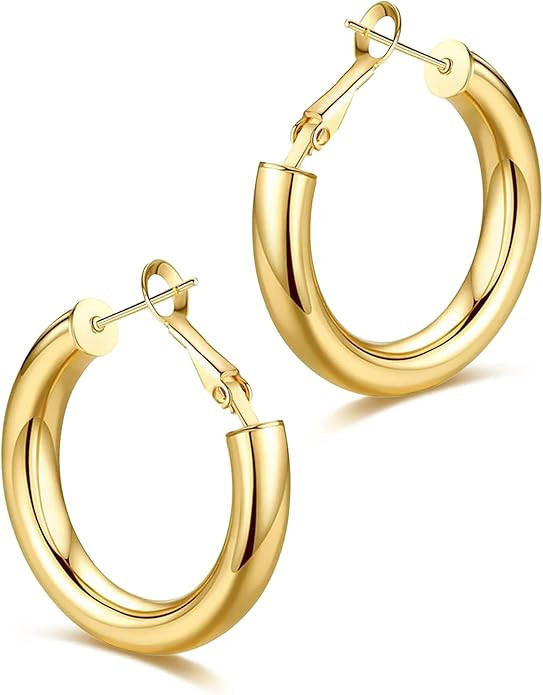 wowshow Thick Hoop Earrings Howllow 14K Gold Plated Gold Hoops for Women | Amazon (US)