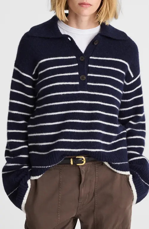 Madewell CloudSoft Polo Sweater in Ivory Mini Stripe at Nordstrom, Size X-Small | Nordstrom