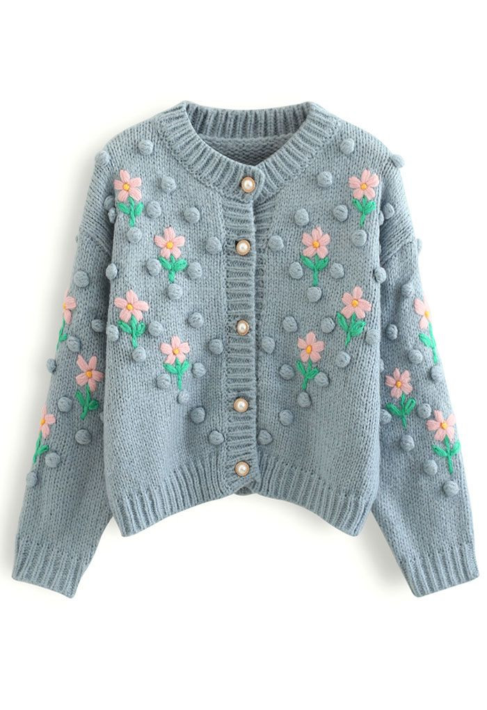 Stitch Posy Pom-Pom Hand-Knit Cardigan in Dusty Blue | Chicwish