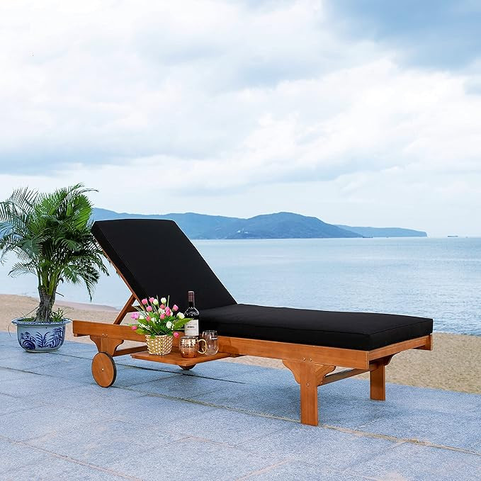 SAFAVIEH Outdoor Collection Newport Natural/ Black Cushion Built-in Side Table Adjustable Chaise Lounge Chair | Amazon (US)