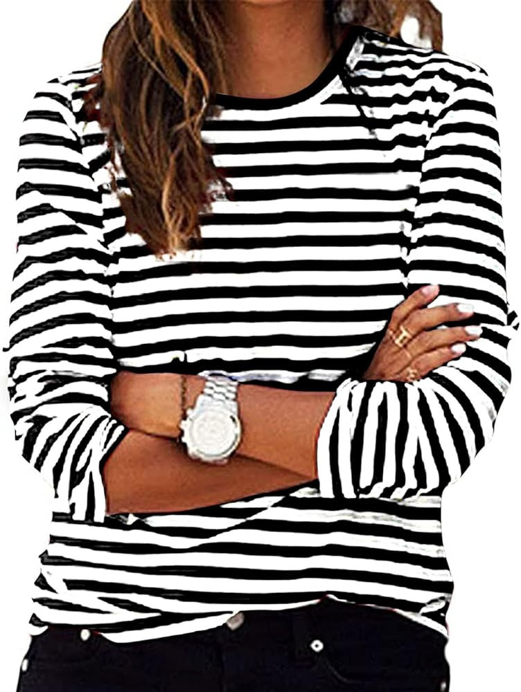 Womens Striped Tshirts Crewneck Long Sleeve Pullover Fall Winter Casual Lightweight Tee Tops Ladi... | Amazon (US)