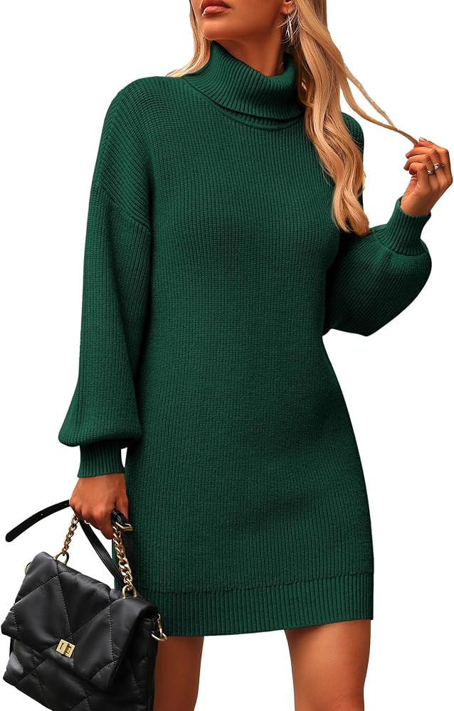 PRETTYGARDEN Sweater Dress for Women Long Puff Sleeve Turtleneck Ribbed Knit Oversized Pullover W... | Amazon (US)