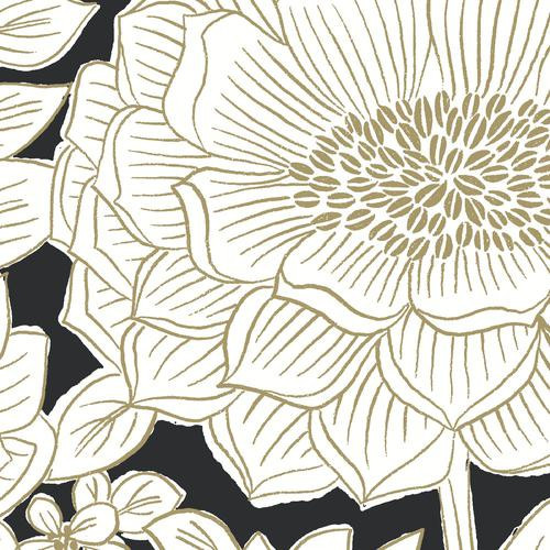 York Wood Block Blooms Black/Gold Wallpaper | DecoratorsBest | DecoratorsBest