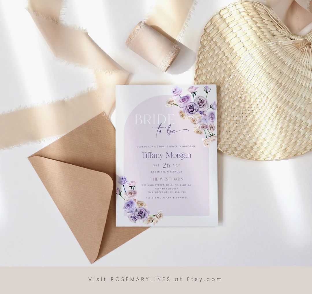 Dusty purple bridal shower invitation template, purple floral bridal shower invites, lilac rose m... | Etsy (US)