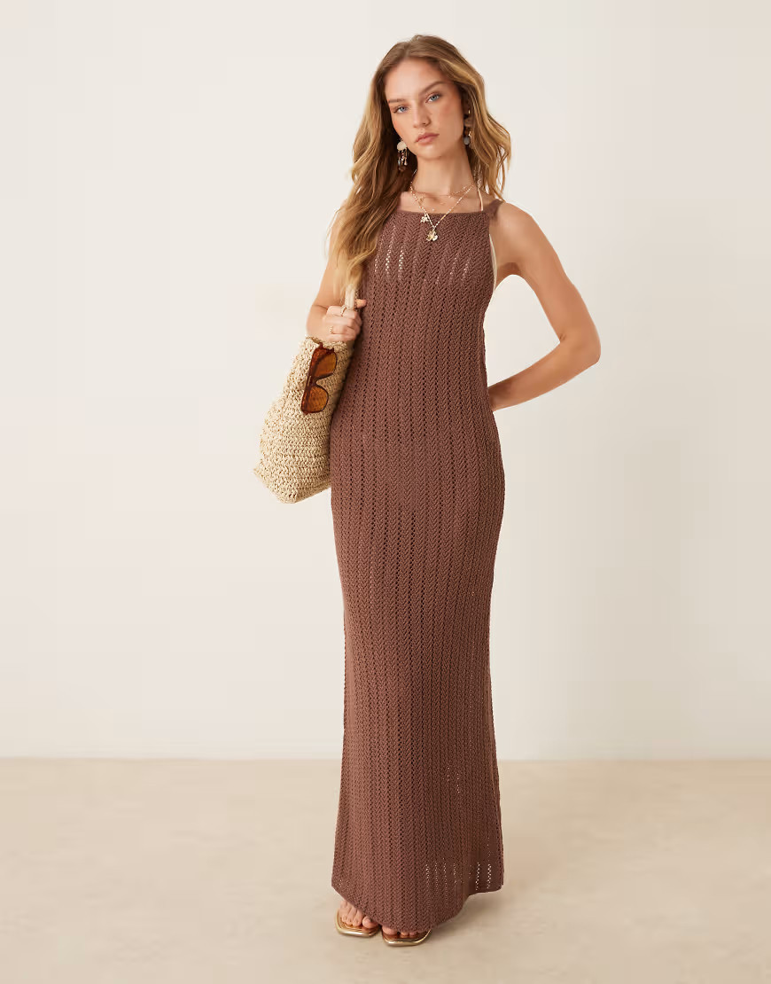 ASOS DESIGN crochet knit maxi dress with high neck in brown | ASOS (Global)