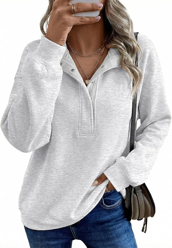 BLENCOT Mock Neck Sweatshirt for Women Quarter Button Long Sleeve Oversized Pullover Trendy Tops | Amazon (US)