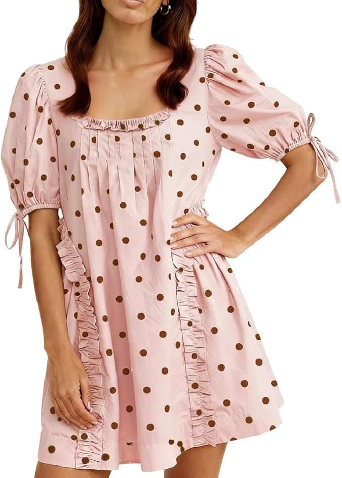 Women Puff Sleeve Babydoll Dress Square Neck Flowy Mini Dress Bow Tie Ruffle A Line Short Dress S... | Amazon (US)