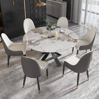 Pandora Glossy Stone Top 59.05in. Pedestal Base Round Dining Table with Carbon Steel Leg Seats 8 | The Home Depot