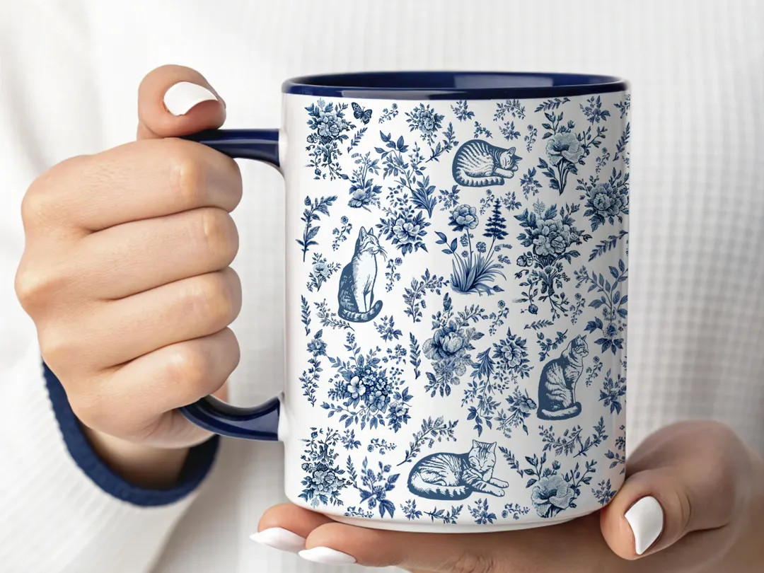 Cat Lover Mug, French Toile Cat Coffee Mug, Vintage Cat Mug, Floral Cat Lover Gift, Cat Mom Mug, ... | Etsy (US)