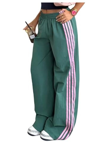 GORGLITTER Women's Low Rise Side Striped Green Track Pants Y2K Wide Leg Loose Baggy Parachute Going Out Palazzo Sweatpants Green Small | Amazon (US)