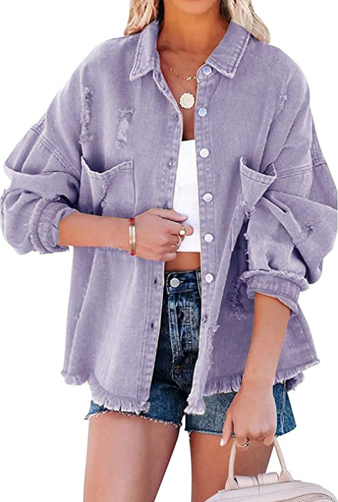Lumister Womens Causal Oversized Soft Lightweight Distressed Jean Jacket Ripped Fringe Long Sleev... | Amazon (US)