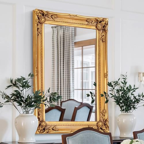 Large Vintage Decorative Mirror, 38.9''x27.1''Ornate Mirror with Distressed Gold Finish Frame, Antique Gold Mantel Mirrors for Living Room, Gold Wall Mirrors for Entryway | Amazon (US)