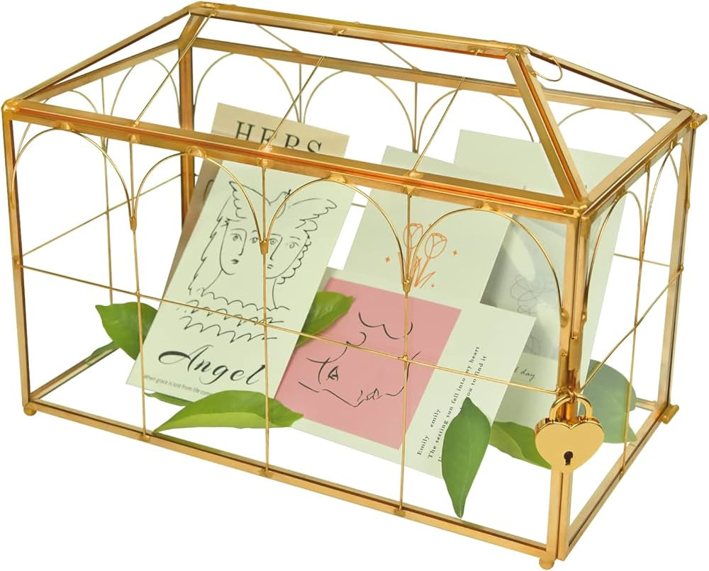 12.6x5.9x9.0inch Wedding Gold Glass Card Box with Lock and Slot - Wedding Envelope Card Holder fo... | Amazon (US)