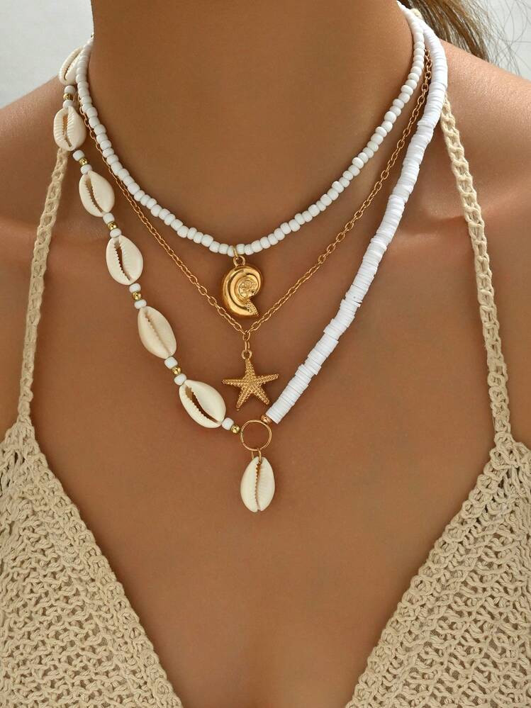 3pcs Bohemian Beach Resort Style Starfish, Shell & Conch Multilayer Necklace For Women | SHEIN