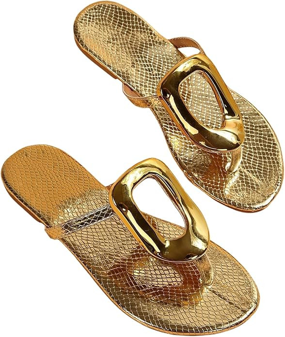 OYOANGLE Women's Metal Decor Flip Flop Thong Sandals Comfortable Slip on Flat Sandals | Amazon (US)