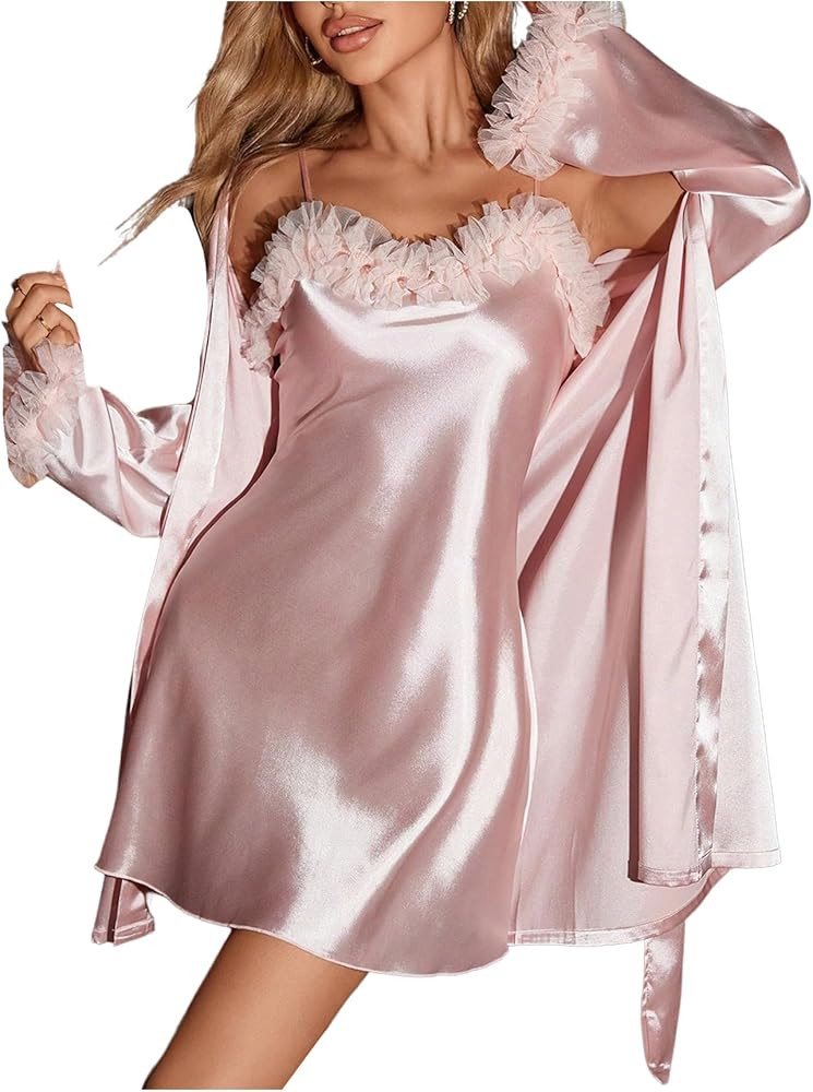 OYOANGLE Women's 2 Piece Satin Robe Set Mesh Floral Trim Chemise and Long Sleeve Kimono Pajama Se... | Amazon (US)