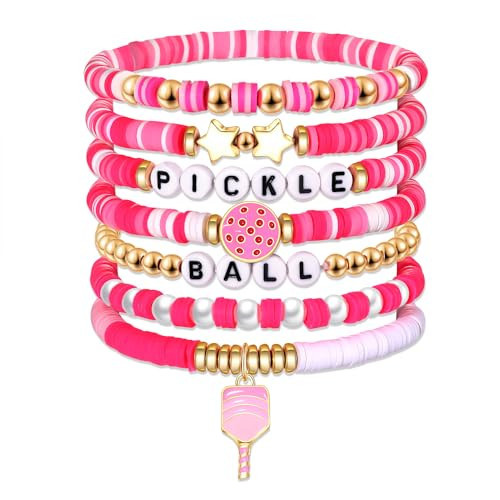 Pickleball Bracelets for Women Clay Heishi Bracelets Pickleball Paddle Charm Bracelet Stackable Pink Beaded Stretch Bracelets Game Day Sport Pickleball Jewelry Accessories Party Gifts (Style D) | Amazon (US)