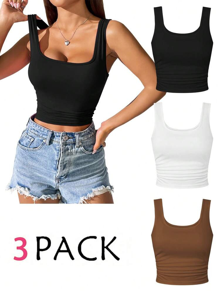 GlowEve 3pcs Women's Solid Color U-Neck Wide Strap Fitted Cropped Tank Top Set | SHEIN