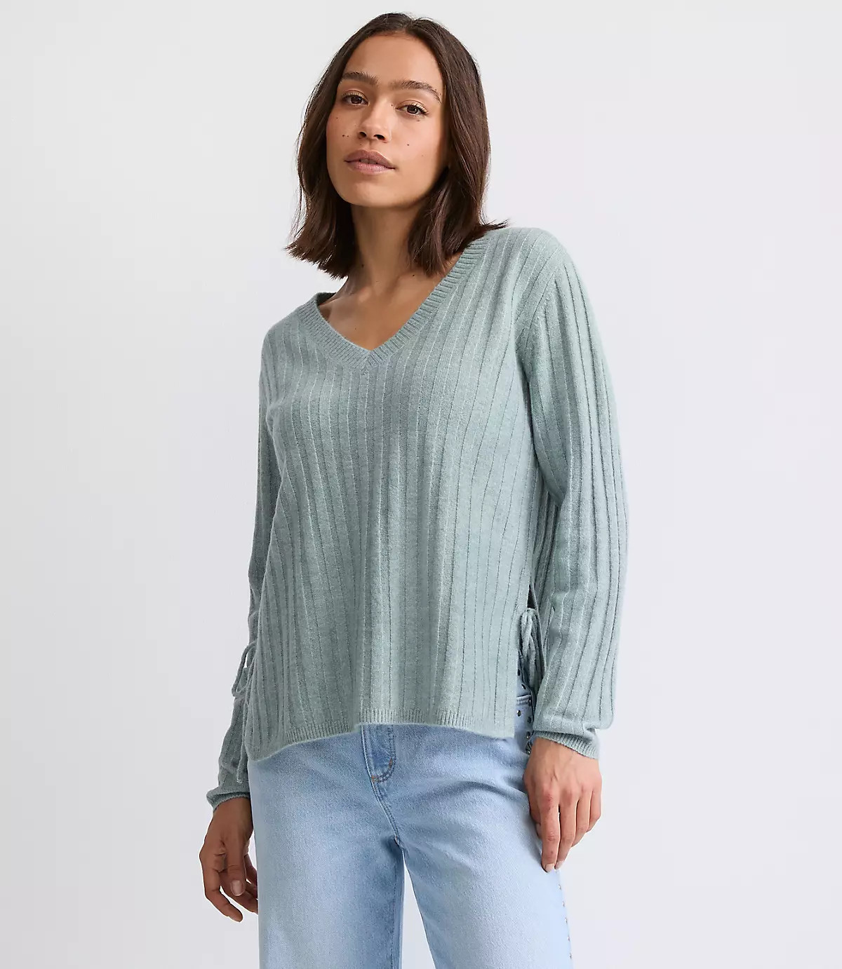 Side Bow Ribbed V-Neck Sweater | LOFT