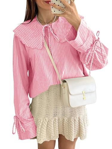 Tankaneo Womens Peter Pan Collar Shirts Long Bell Sleeve Tie Front Tops Vertical Striped Button Down Cute Blouse Pink | Amazon (US)