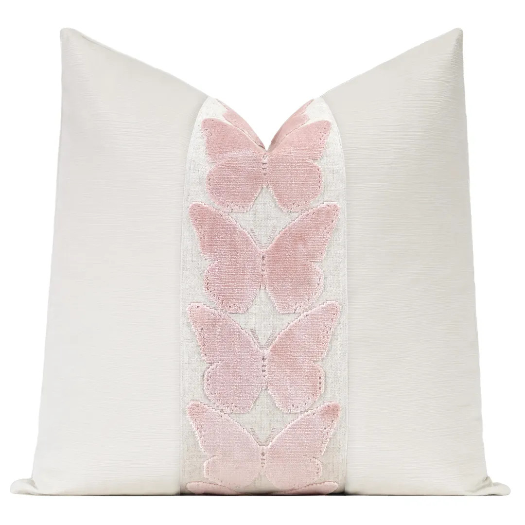Striated Velvet Pillow Cover With Large Butterfly Trim | Alabaster Cream Designer Pillow Cover Wi... | Etsy (US)